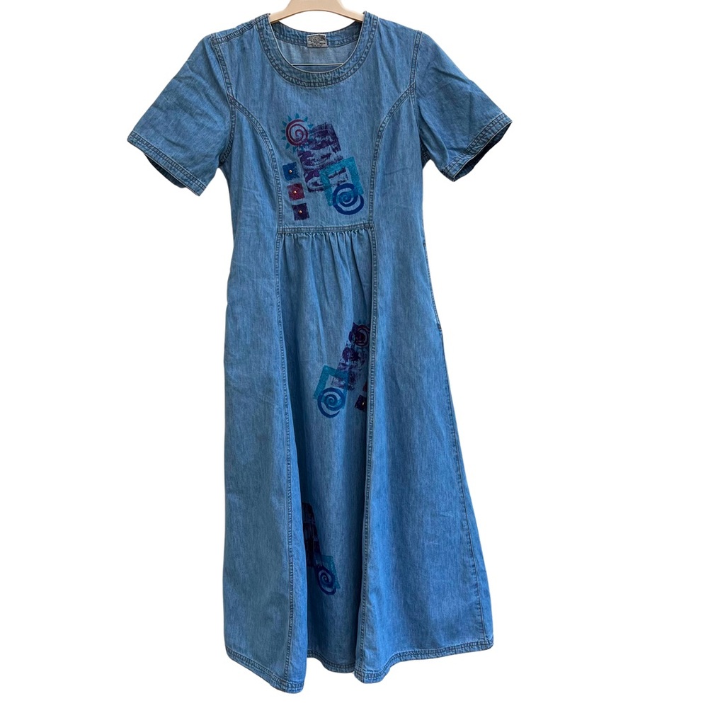 Vintage CMC Blue Denim Embellished Puff Sleeve Maxi Sundress